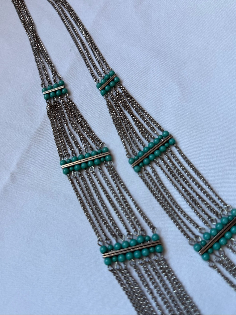 Long Silver Tone Multi Strand Chain Necklace Turquoise Bead Boho Statement - Picture 9 of 9